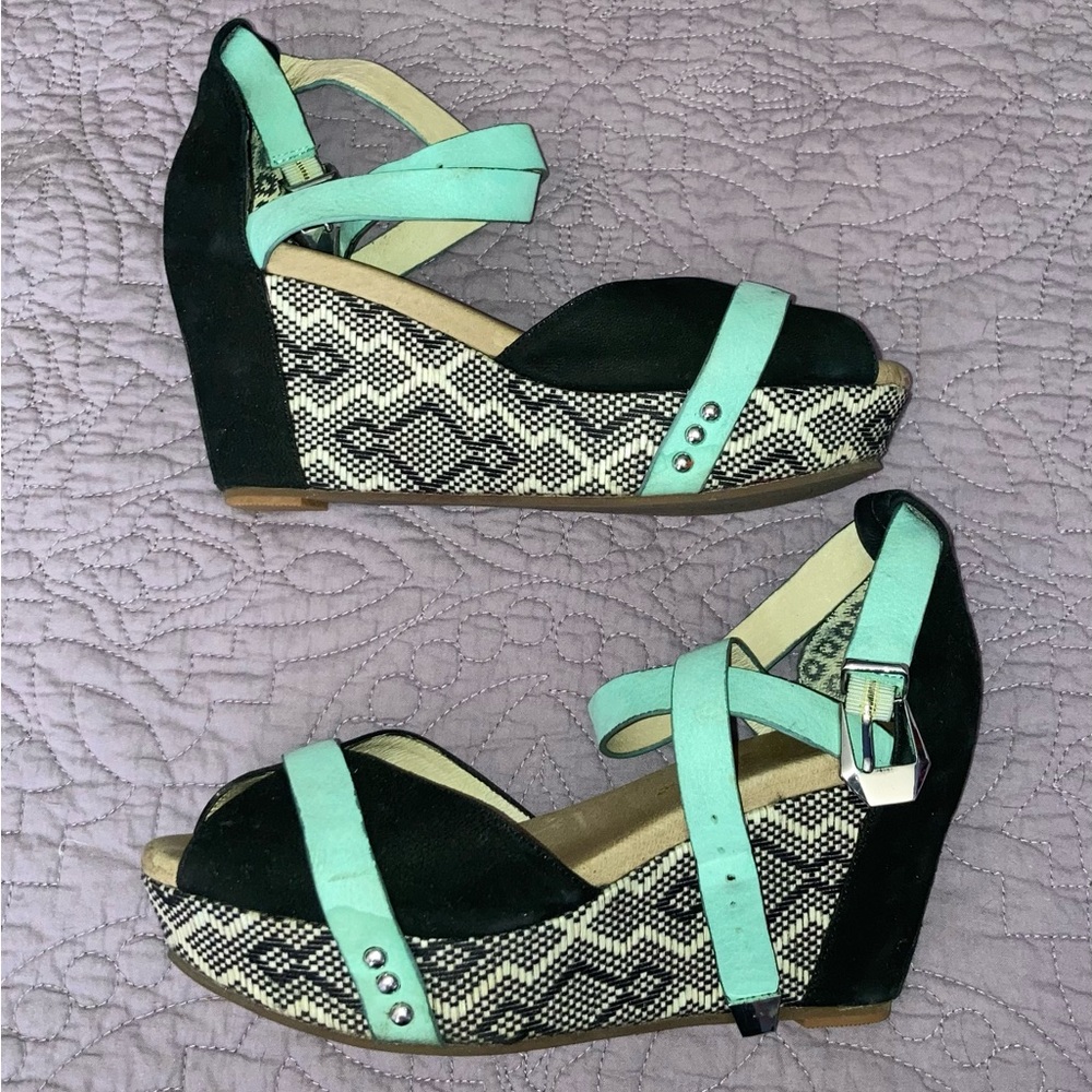 Anthropologie Matt Bernson black/mint/woven platform wedge